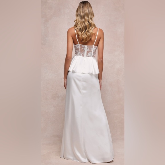 Lulus 
Iconic Adoration White Satin Peplum Sheer Bustier Maxi Dress Sz XL - Picture 4 of 4